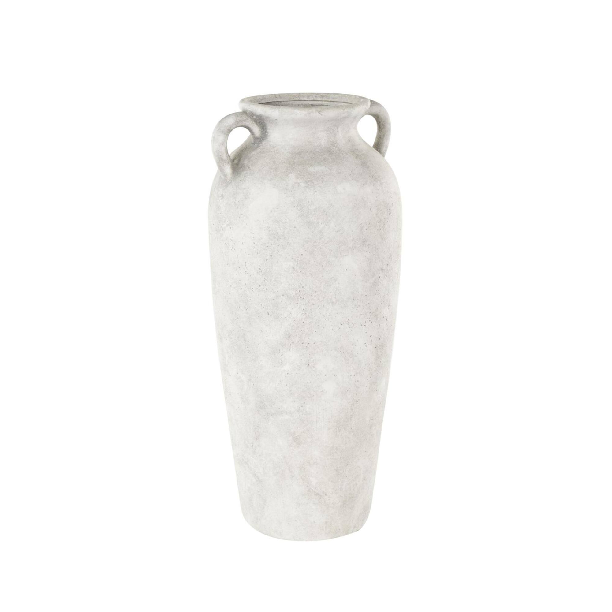 20" White Antique Style Textured Ceramic Vase with Handles